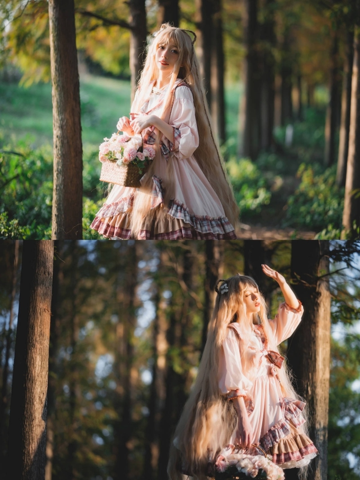 一位穿着粉红色婚纱的女孩在森林中 周围有花。