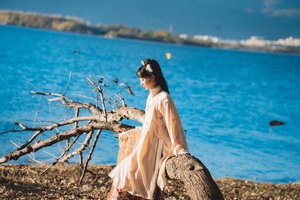 一位穿着连衣裙的年轻女子坐在湖边一棵树的树枝上