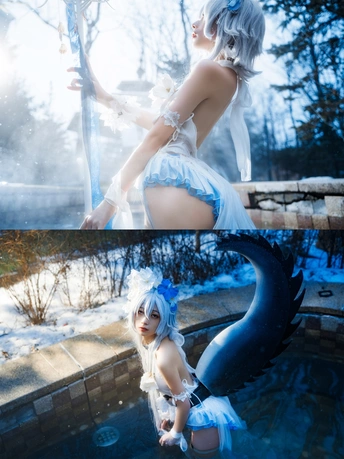 一位穿白色连衣裙 蓝发女士