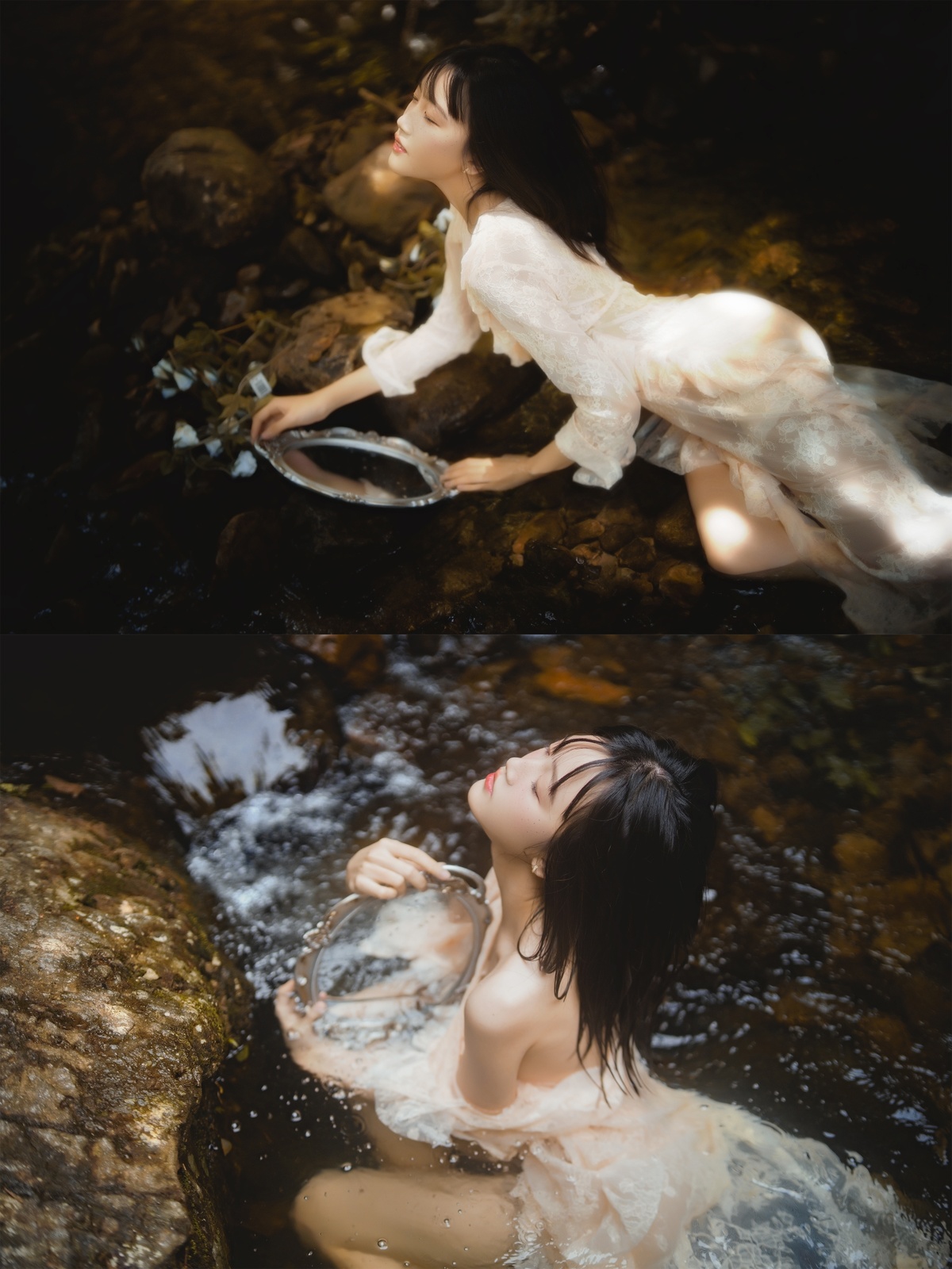 一位穿着白色连衣裙的女子在流水和岩石之间