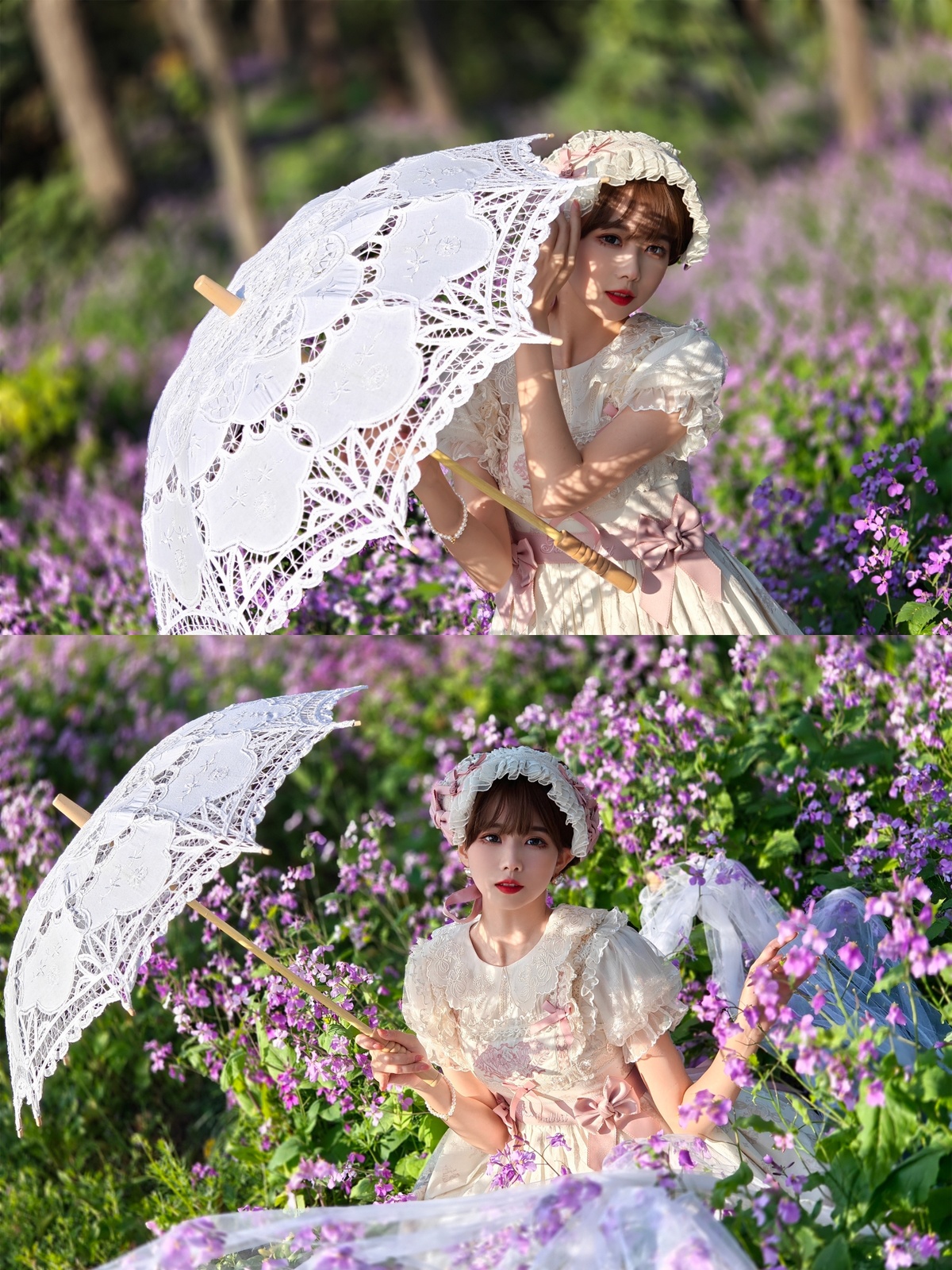 一位穿着白色连衣裙 手持雨伞站在紫色花丛中的年轻女子