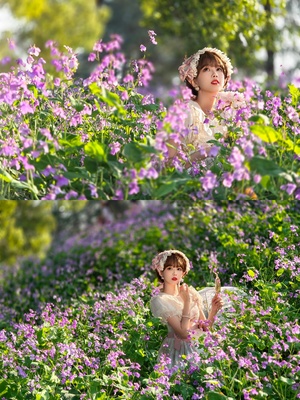 一位年轻女子和一个小女孩站在紫花田里