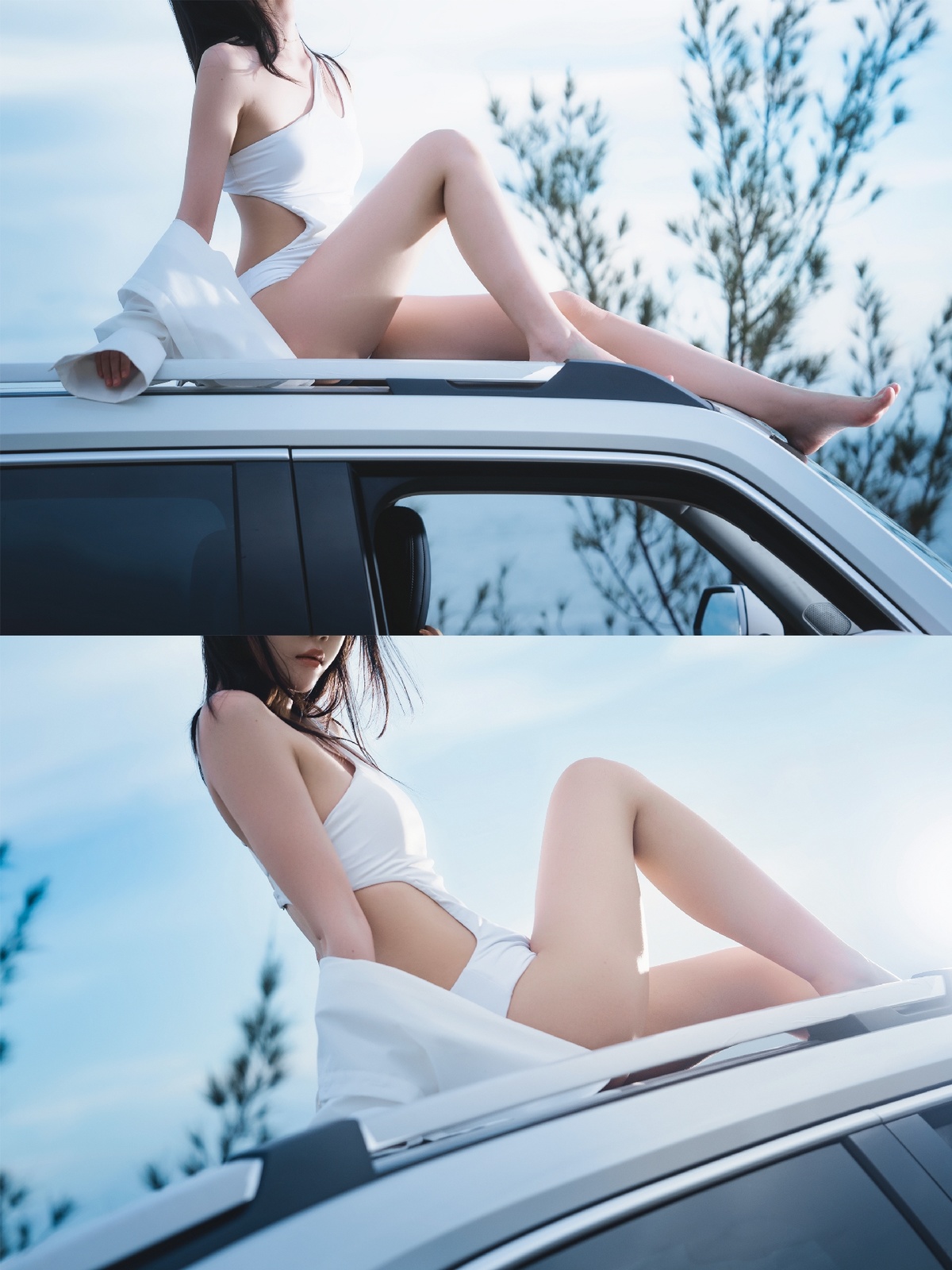 一位年轻女子坐在汽车的车盖上 双腿在屋顶上