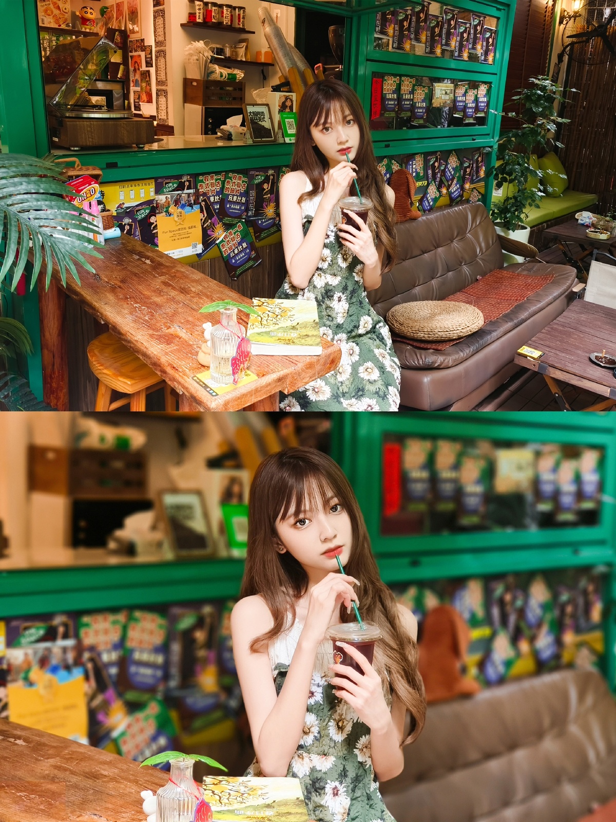一位穿着连衣裙的年轻女子在商店前摆姿势拍照 桌上有食物和饮料。