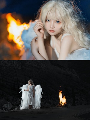 一位穿着白色连衣裙 长着翅膀 满头白发的女人 站在一幅火焰的图片旁边。