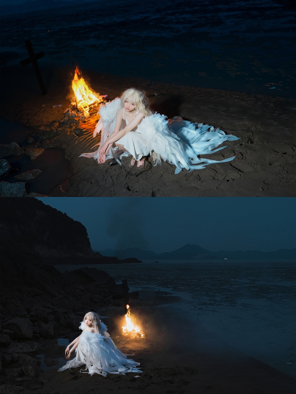 一个穿着白色连衣裙的女孩坐在夜晚的沙滩旁边 旁边有一个篝火。