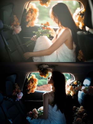 一些女性坐在汽车后座 后座上有花。