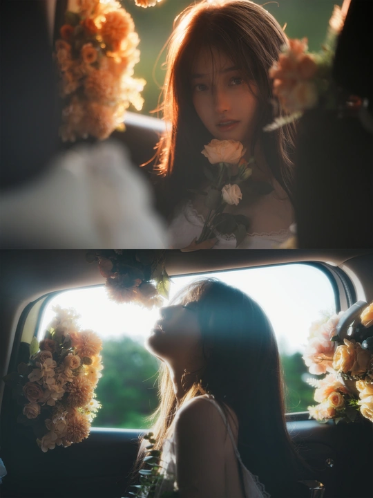 一个坐在汽车里 仪表台上放着花的女人