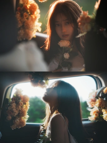 一个坐在汽车里 仪表台上放着花的女人