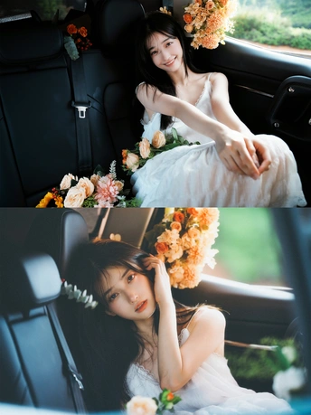 一位穿着花朵裙子的女性坐在汽车中 为拍照姿势。