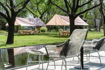 一个带有椅子的露台 有桌子、伞和大型树木。