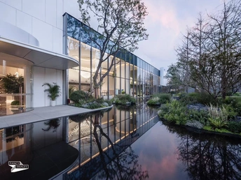 一个大水池反映出现代住宅庭院中的树木反射。