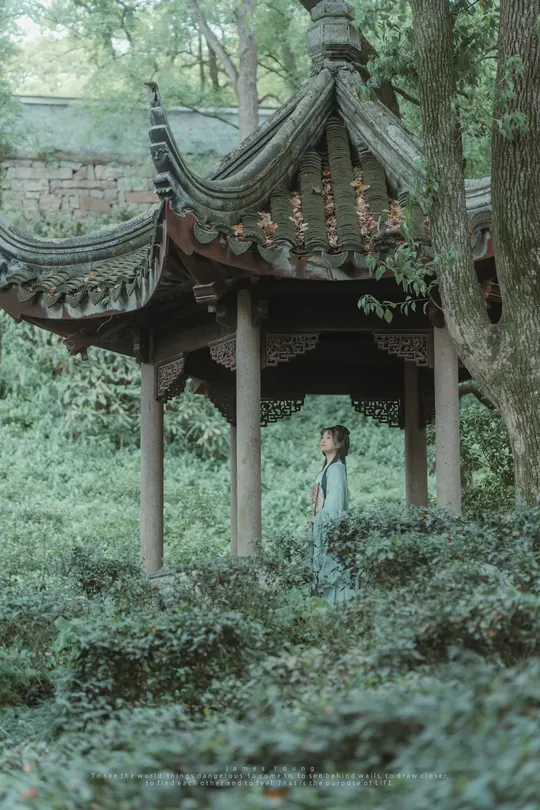 一个人走过一个位于小亭子或宝塔附近的树林