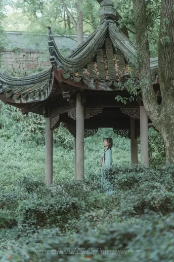 一个人走过一个位于小亭子或宝塔附近的树林