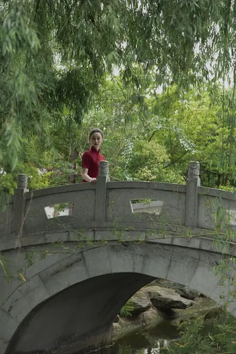 一位年轻人站在一条溪流上的桥上