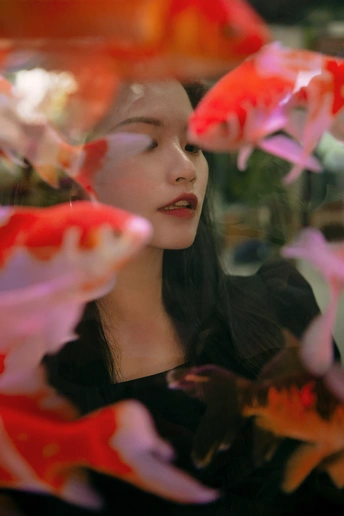 一位女士在水中看金鱼