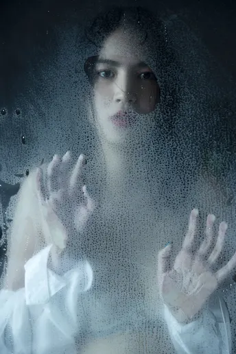 一位女士用双手按在窗户玻璃上 正在透过窗户看