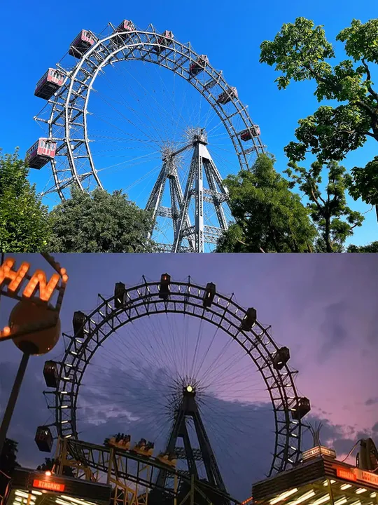 夜晚的过山车和其他娱乐设施的照片