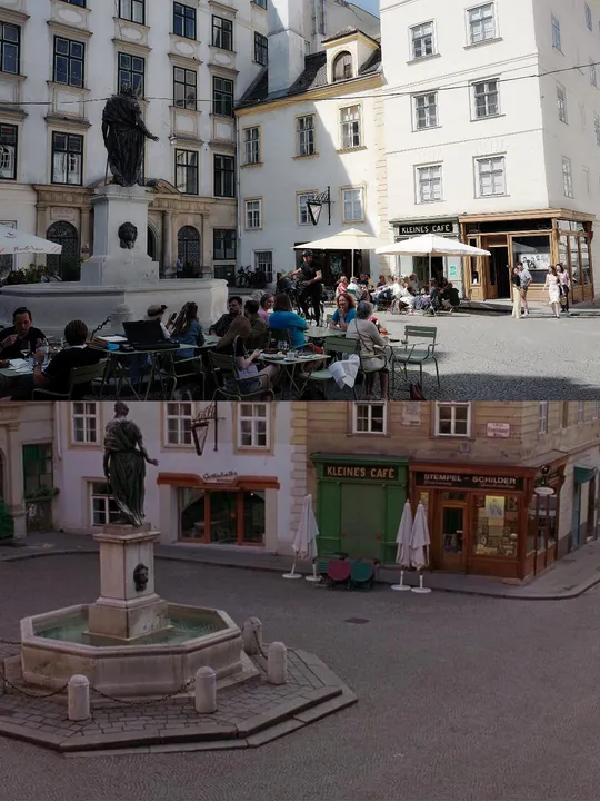 一个城市广场 有喷泉、人和白色建筑。