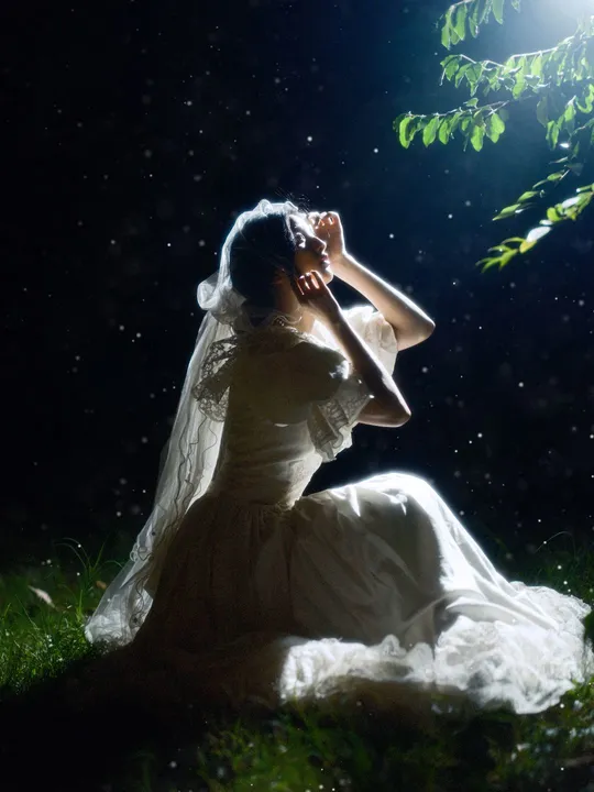 一个穿着白裙子的美女坐在夜晚被星星照亮的树下。