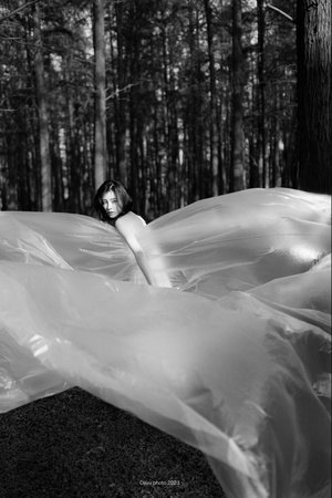 一位穿着白色连衣裙的黑白女性在森林中 身上覆盖着塑料布。