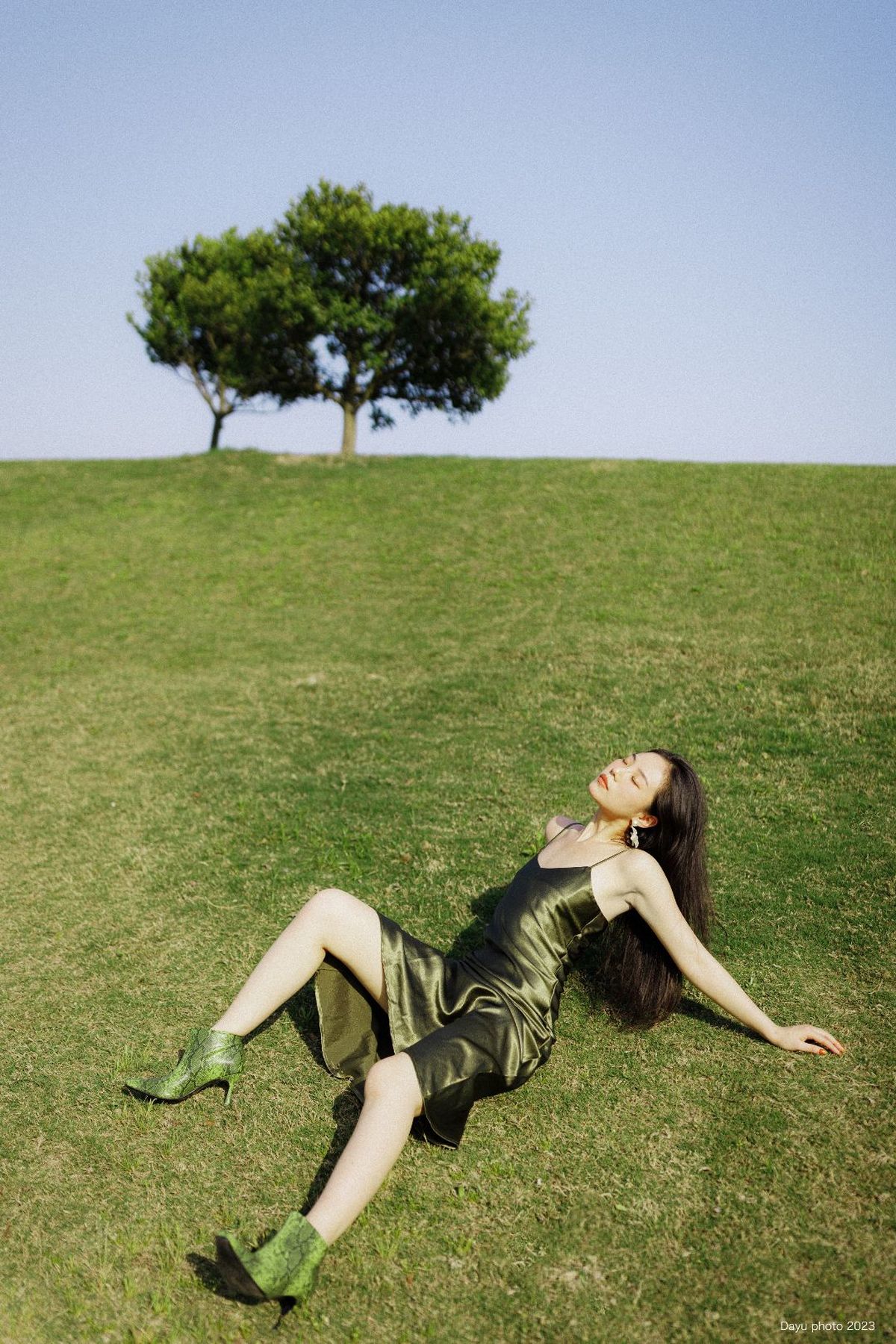 一位穿着绿裙子的年轻女子躺在草地上 背景中有一棵树。