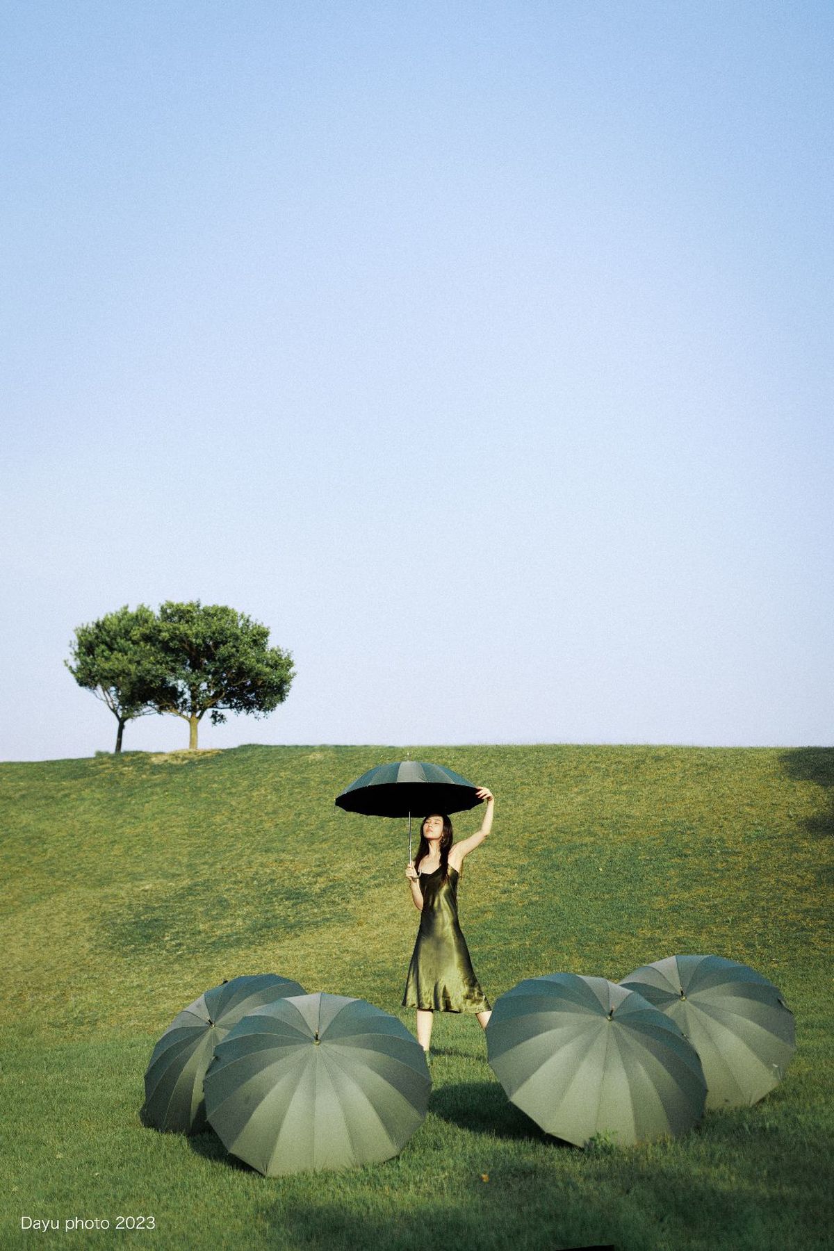 一位穿着绿色连衣裙 手持黑色雨伞在草地上的一名女子