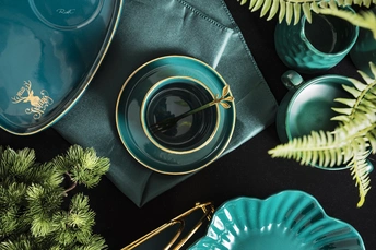 一个带有绿色植物、盘子和杯子的黑色桌子