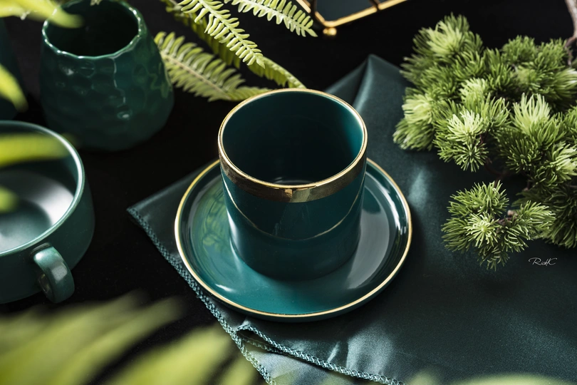 一张带有黑色桌布的桌子 上面放着一盆绿色植物 还有一个带有绿色杯子和托盘的黑色盘子。