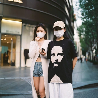 一些年轻人戴口罩走在大街上