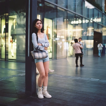 一位年轻女子靠在街边的一根柱子上