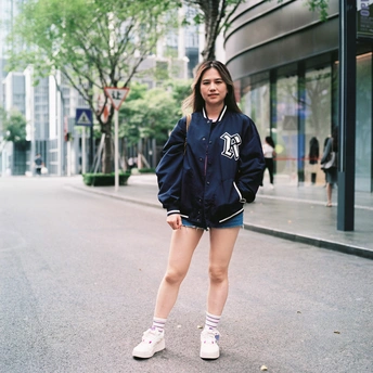 一个穿着夹克的女青年站在城市街道人行道上 脚踩滑板。