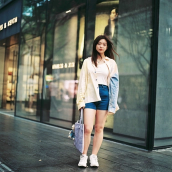 一位年轻女子走在城市街道的一栋建筑旁边的人行道上