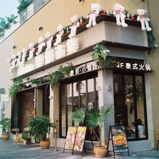 带有植物和填充玩具的外部建筑