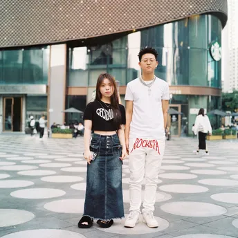 一位年轻男子和一位年轻女子站在一栋建筑前 女孩在地面上摆姿势。