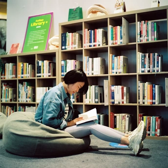 一个年轻女子在图书馆地板上阅读一本书