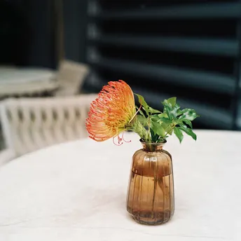 一只小花瓶里插着花 放在桌子上