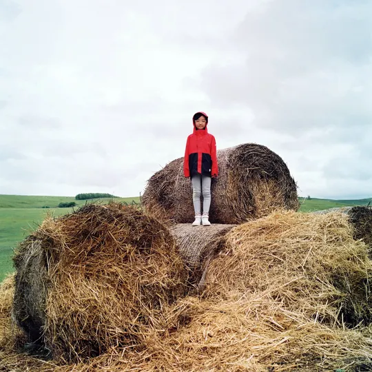 一个年轻男子坐在麦堆上