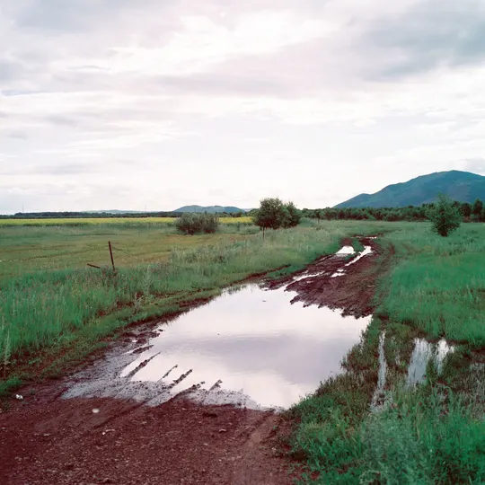 一条泥泞的小路 路中间有一个水坑。