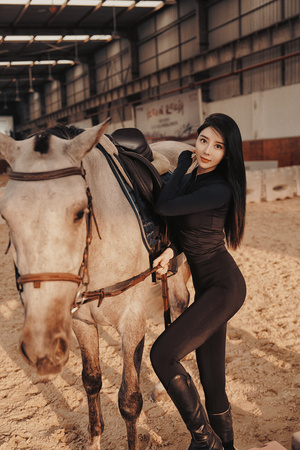谷仓里 一位身穿黑衣的年轻美女在一匹白马旁边摆姿势