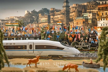 一大幅火车在人群中附近的轨道上的画