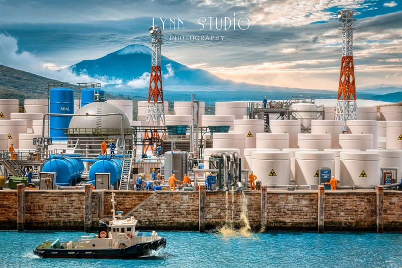 蓝色水域附近的一家工厂有一艘大型船