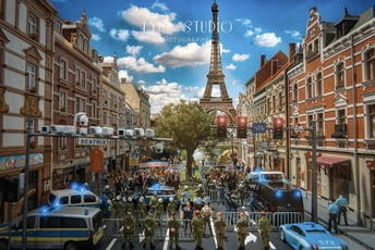 欧洲城市中的一条街道 有警车。