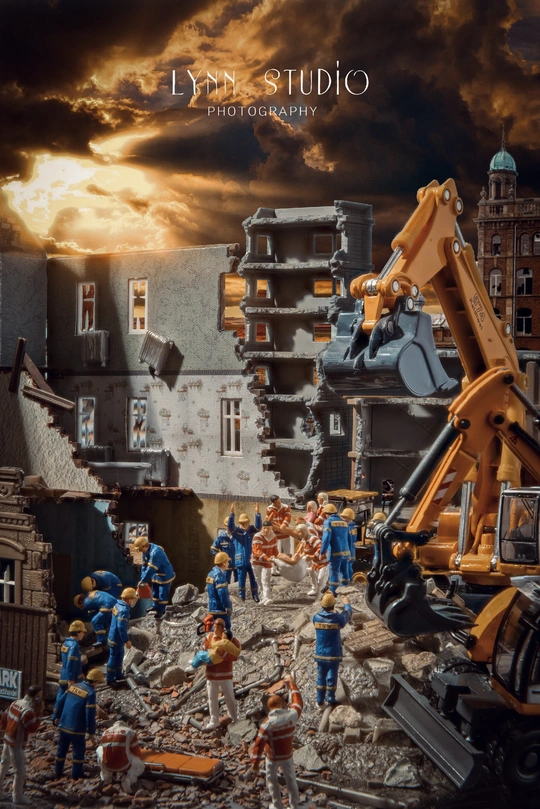 一片被毁城市中的玩具士兵的海报