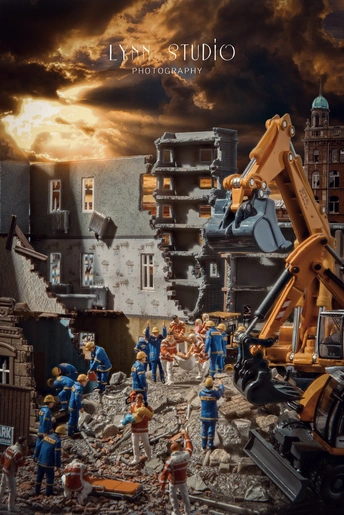一片被毁城市中的玩具士兵的海报