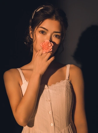 一个穿着白色连衣裙的年轻女子手里拿着一朵粉红色的花