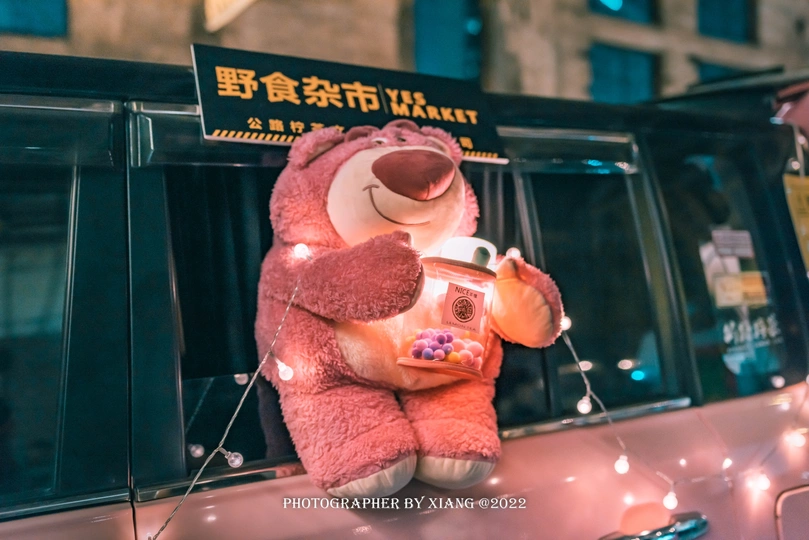 一只粉红色的泰迪熊在一辆汽车的顶部