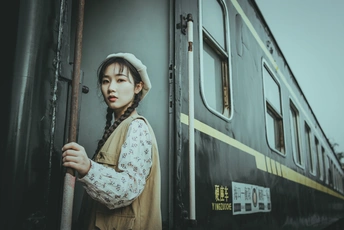 站在火车门前的年轻女子