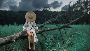 一位穿着连衣裙和帽子坐在树树枝上的年轻女子在田野中