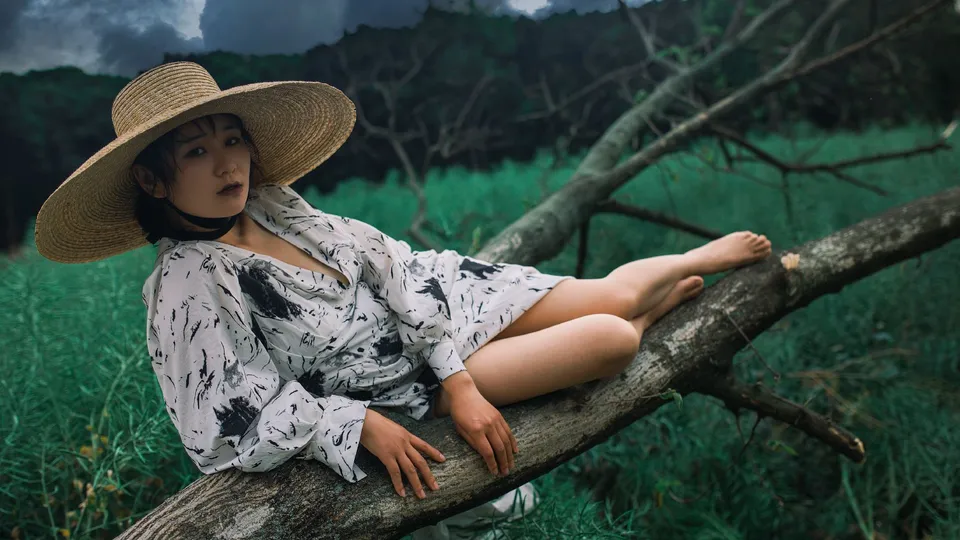 一位穿着连衣裙和帽子坐在树树枝上的年轻女子在田野中